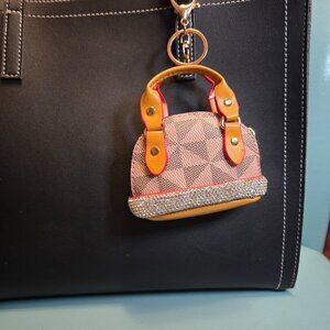 Tan Geometric Print on Dusty Pink PU Bag Charm